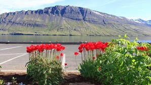 A parking lot with red flowers in the foreground and a mountain in the background. - Hildibrand Hotel (Fjardabyggd)