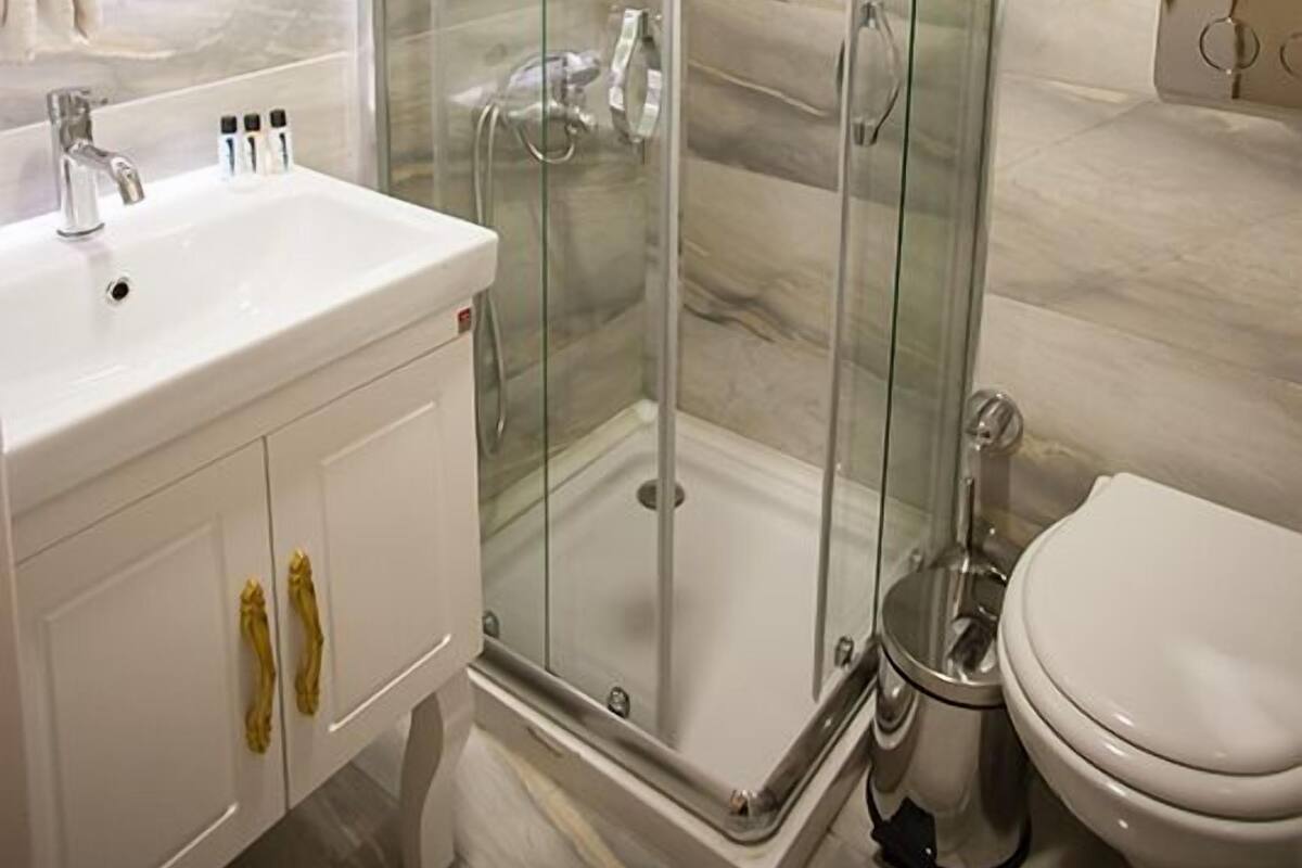 Duş, ücretsiz banyo/kozmetik ürünleri, saç kurutma makinesi, havlu