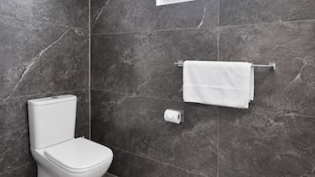 A bathroom with a toilet, a towel rack with a towel, and a toilet paper holder.