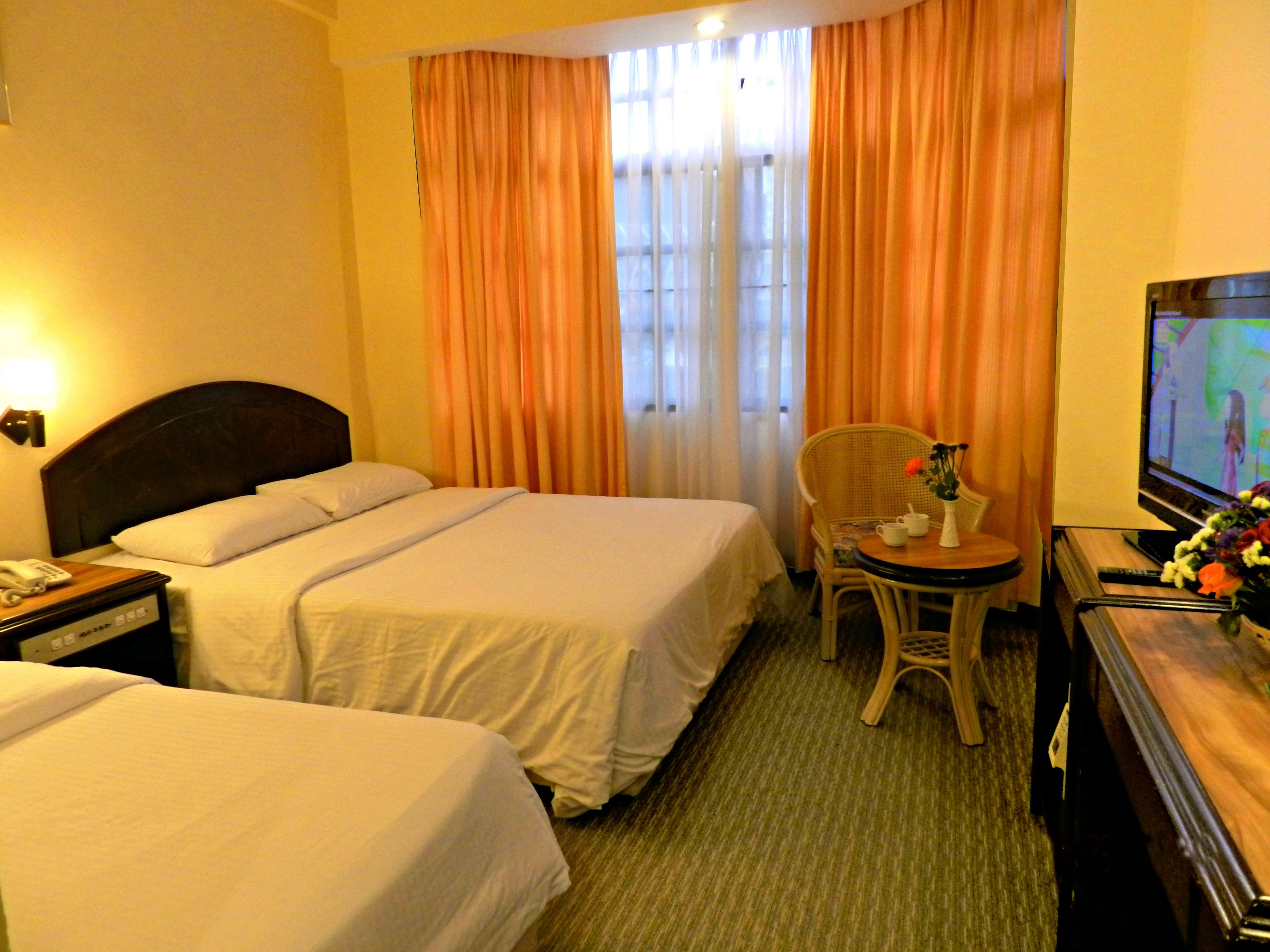 A hotel room with two beds, a television, a chair, and a small table with a vase of flowers.