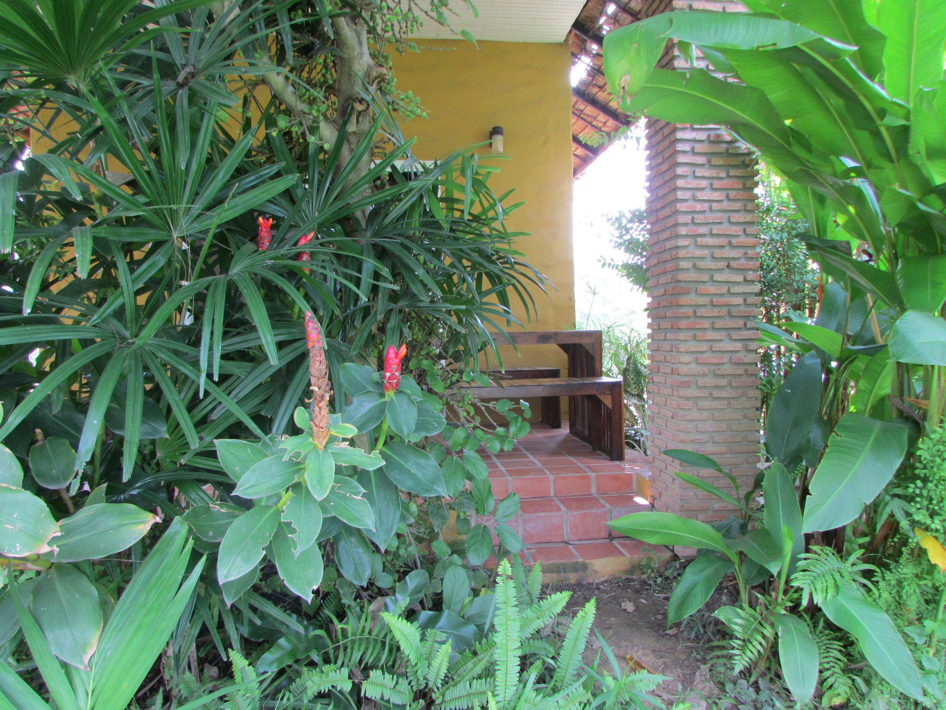 Un patio con pared de ladrillo y banco de madera.