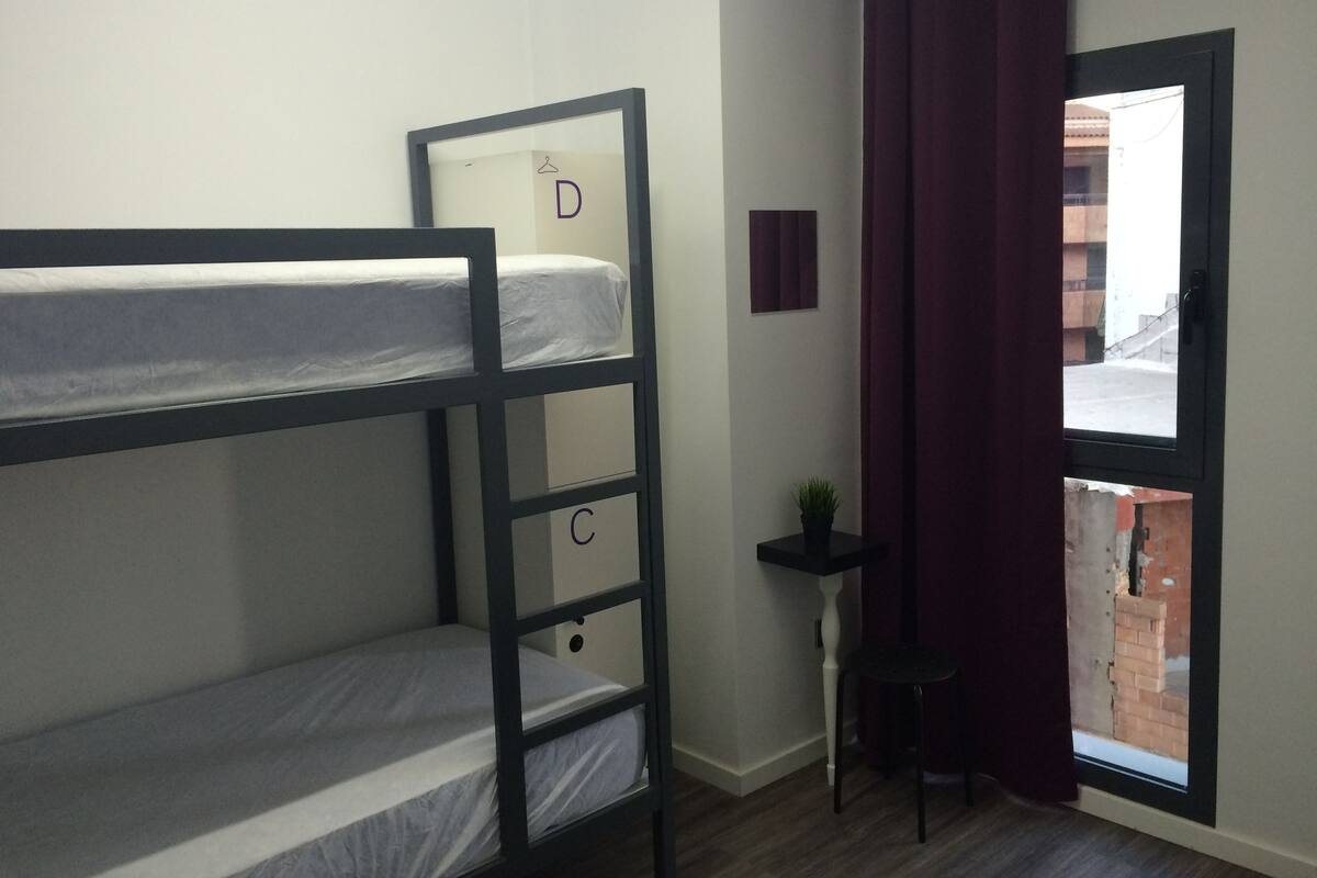 A bunk bed room with a small table and a potted plant.