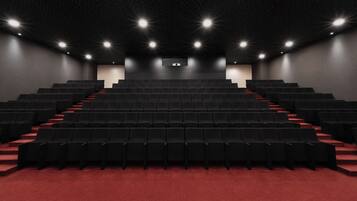 A theater with rows of black seats, a red carpet, and a starry ceiling.