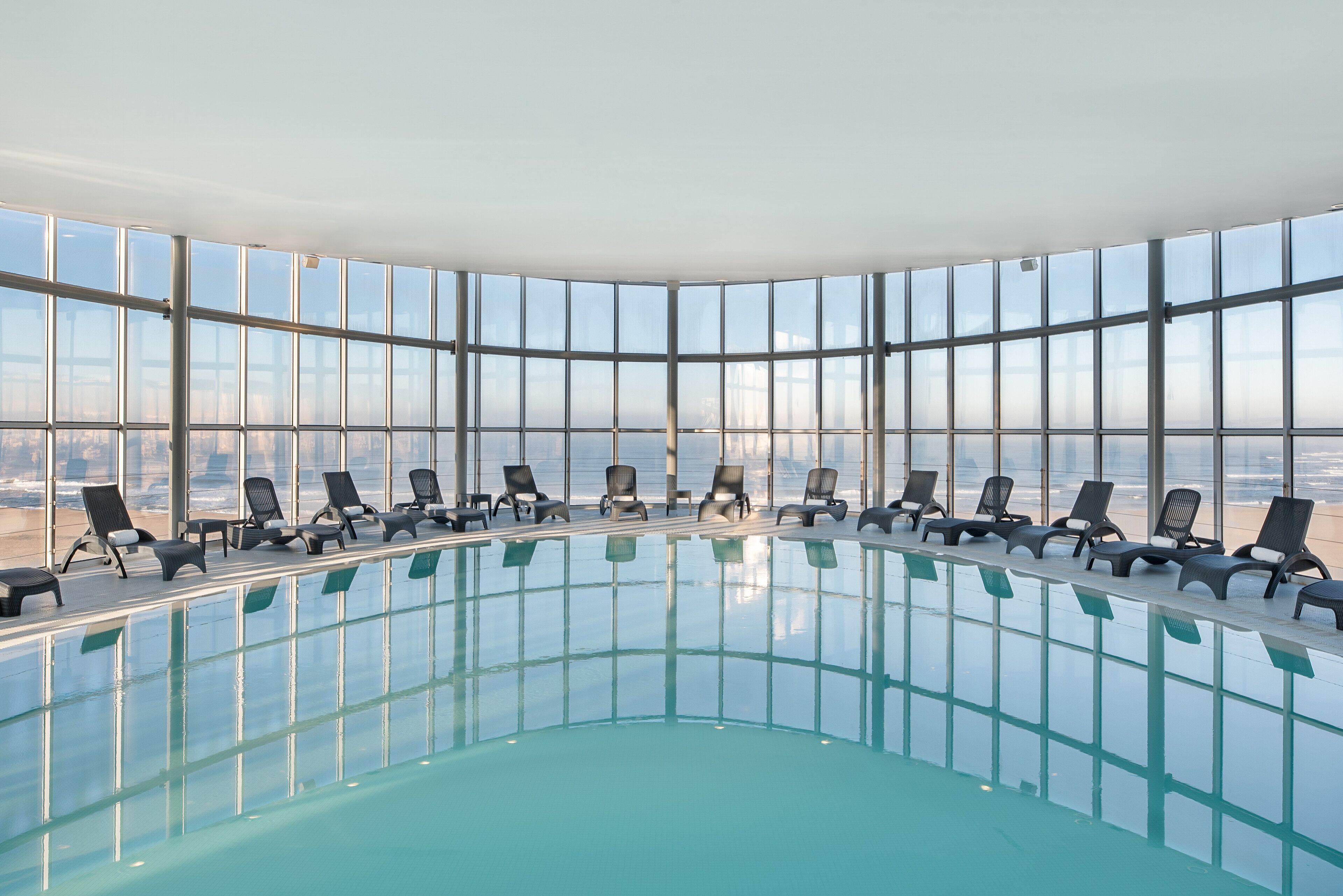 indoor pool, pool loungers