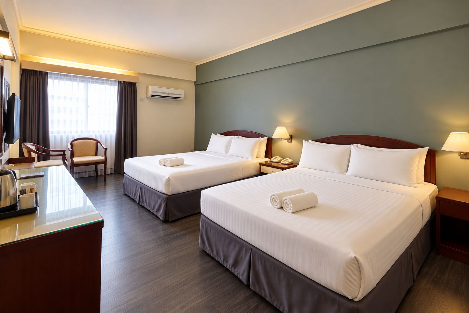 A hotel room with two beds, a desk, a chair, and a television.