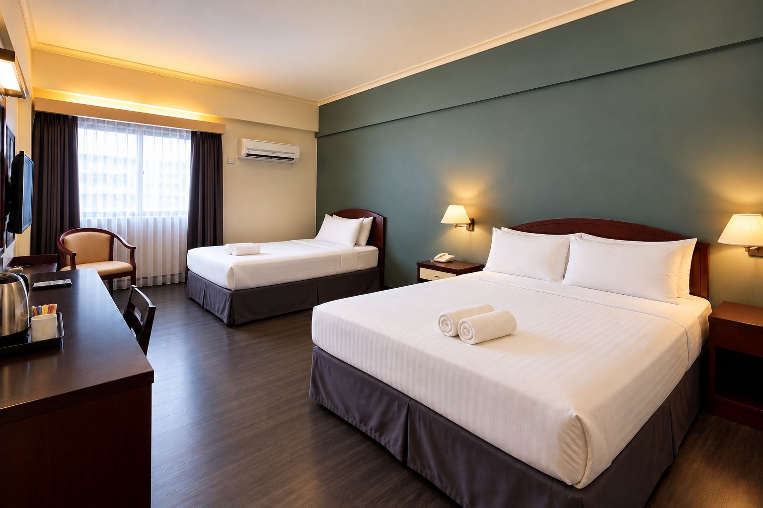 Habitación de hotel con dos camas, un escritorio, una silla, un televisor y una ventana con cortinas.