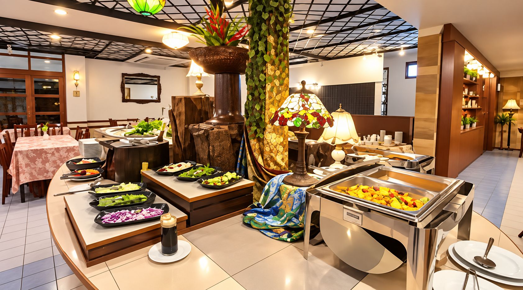 Un'area buffet con diverse postazioni gastronomiche, una zona salotto con tavoli e una pianta decorativa al centro.