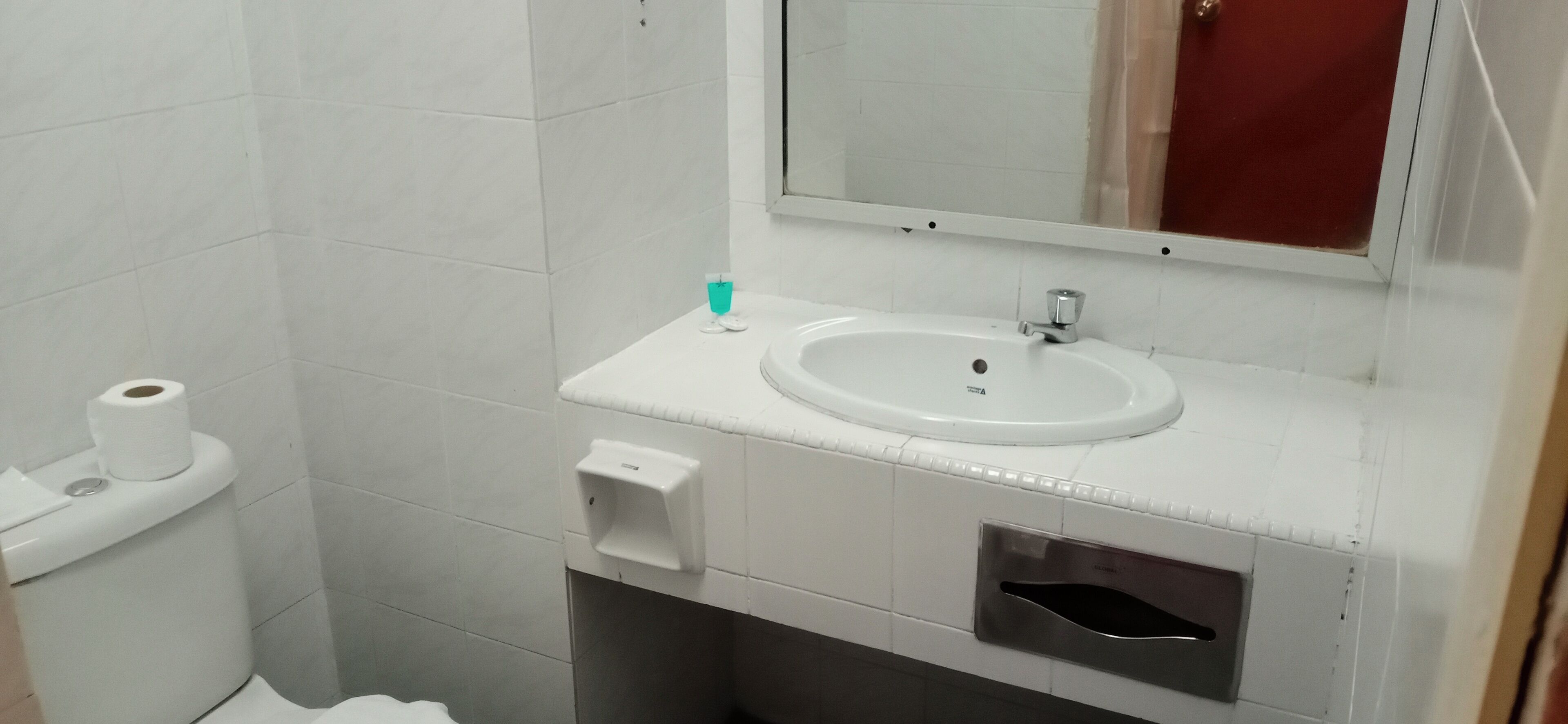 A bathroom with a white sink, a toilet, and a mirror.