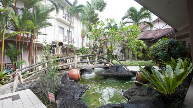 Un patio con un pequeño estanque, un puente de madera y diversas plantas tropicales.