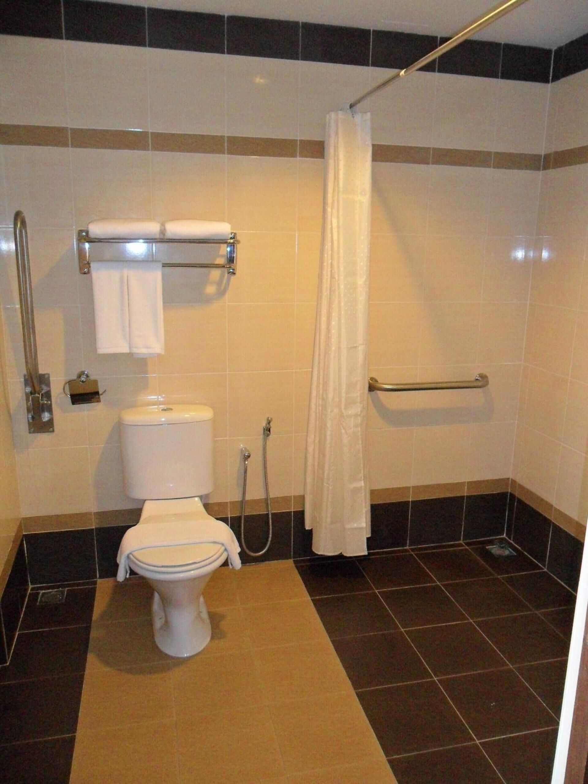 A bathroom with a toilet, a shower with a white curtain, a grab bar, and a towel rack with a towel.