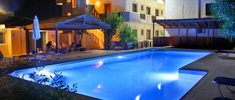 Outdoor pool, pool umbrellas, pool loungers