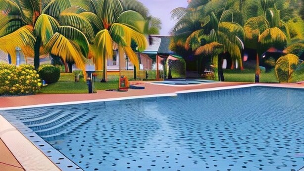 A swimming pool with a clear blue water surface, surrounded by palm trees and a well-maintained lawn. - Hotel Seri Malaysia Kulim (Kulim)