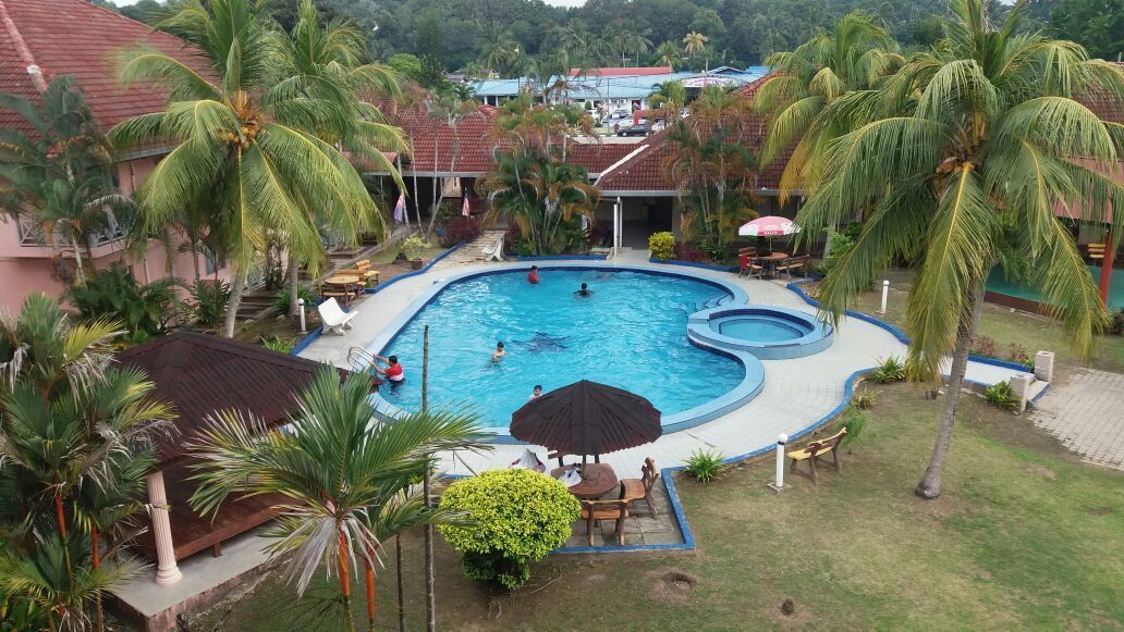 A swimming pool surrounded by palm trees and a building with a red roof.