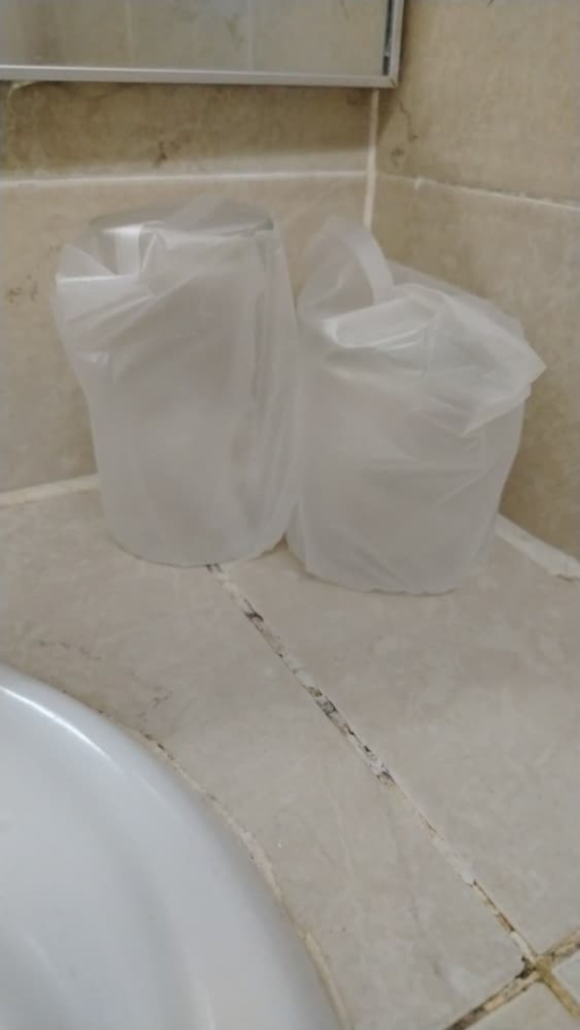 A bathroom with a white sink and two white plastic bags on the countertop.