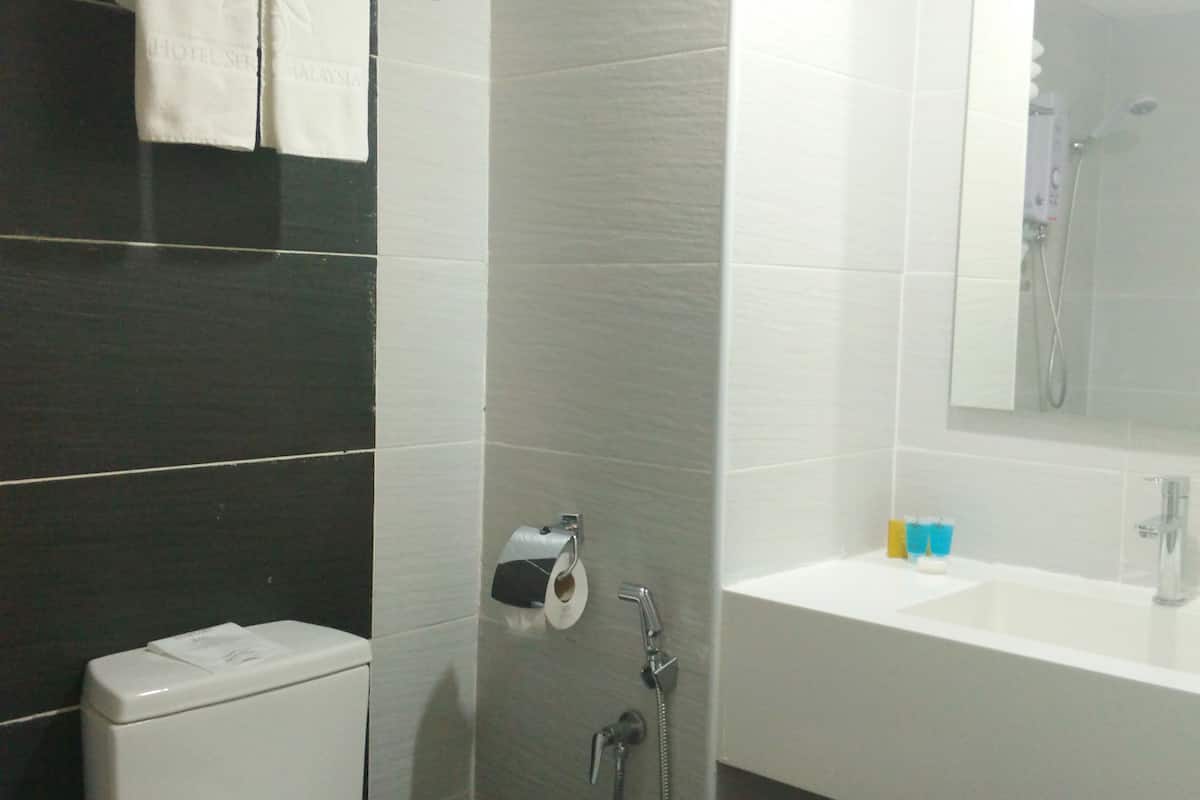 shower, hair dryer, bidet, towels