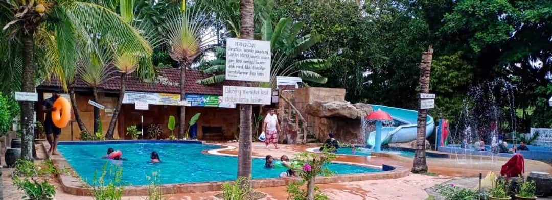 A mini waterpark with a swimming pool, water slides, and a small waterfall.