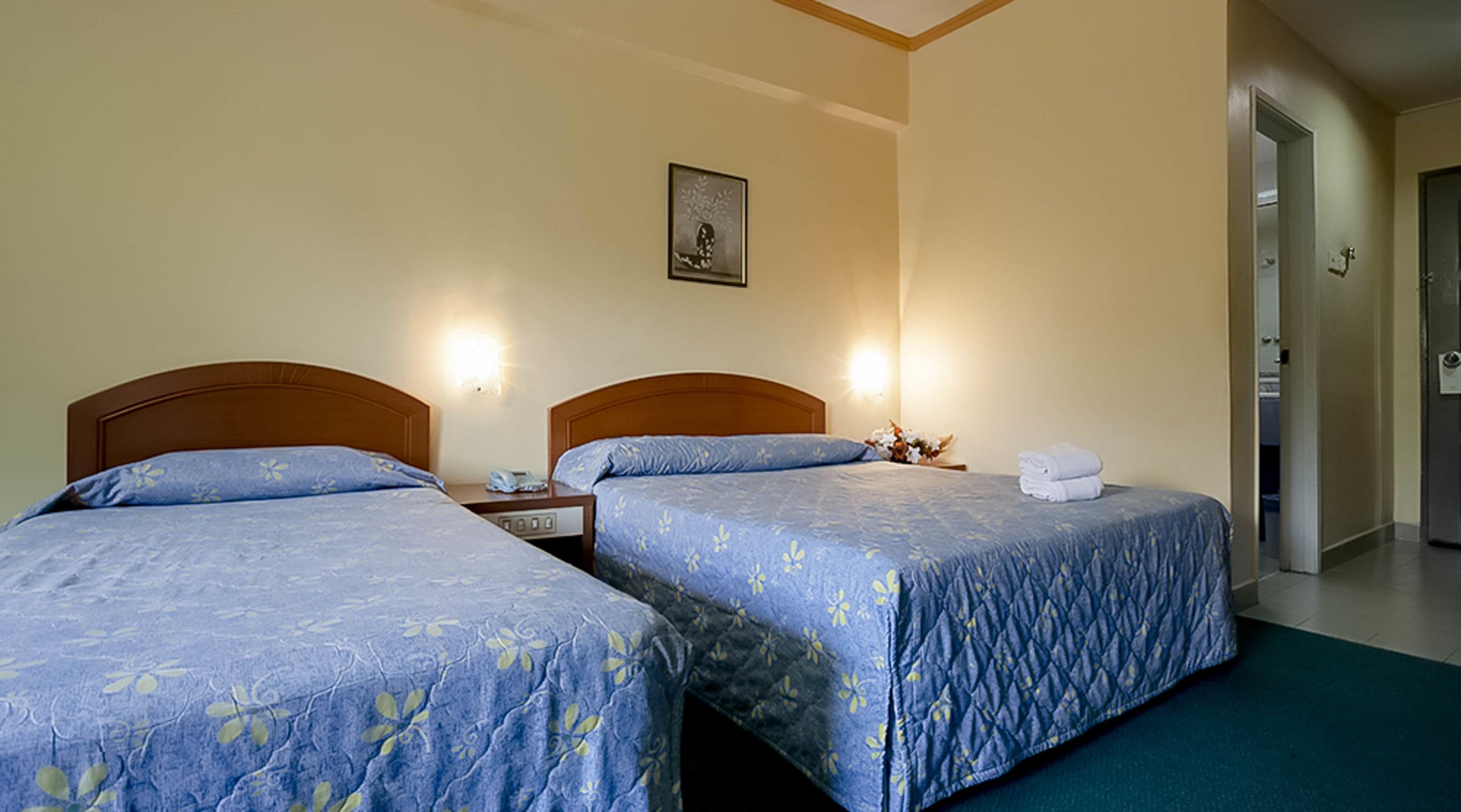 Habitación de hotel con dos camas, cada una con cabecero de madera, mesita de noche, lámpara de pared e imagen enmarcada en la pared.