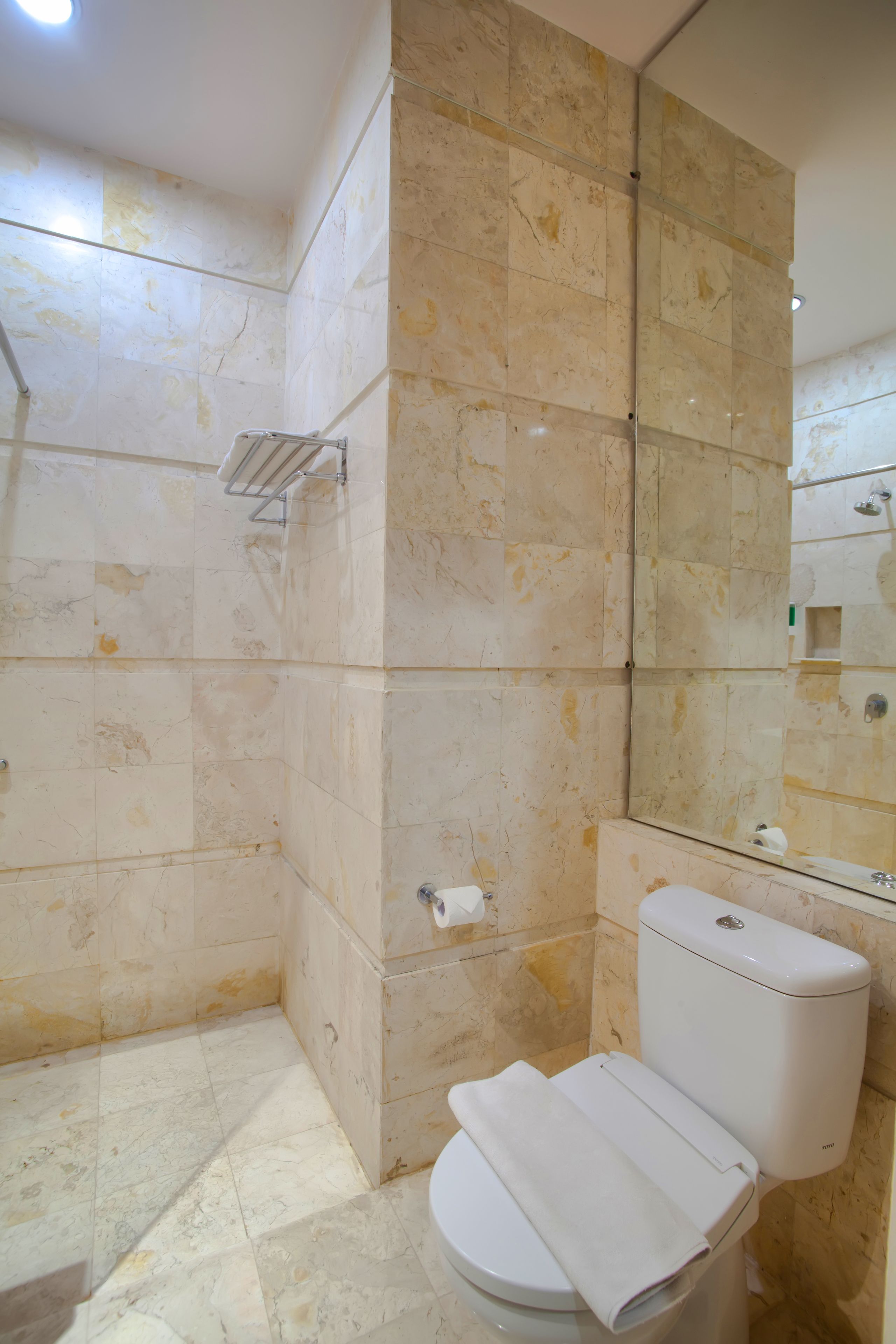 Un baño con inodoro, ducha y espejo.