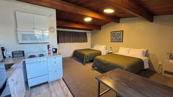 Una habitación pequeña con kitchenette, dos camas, techo de madera y un cuadro en la pared.