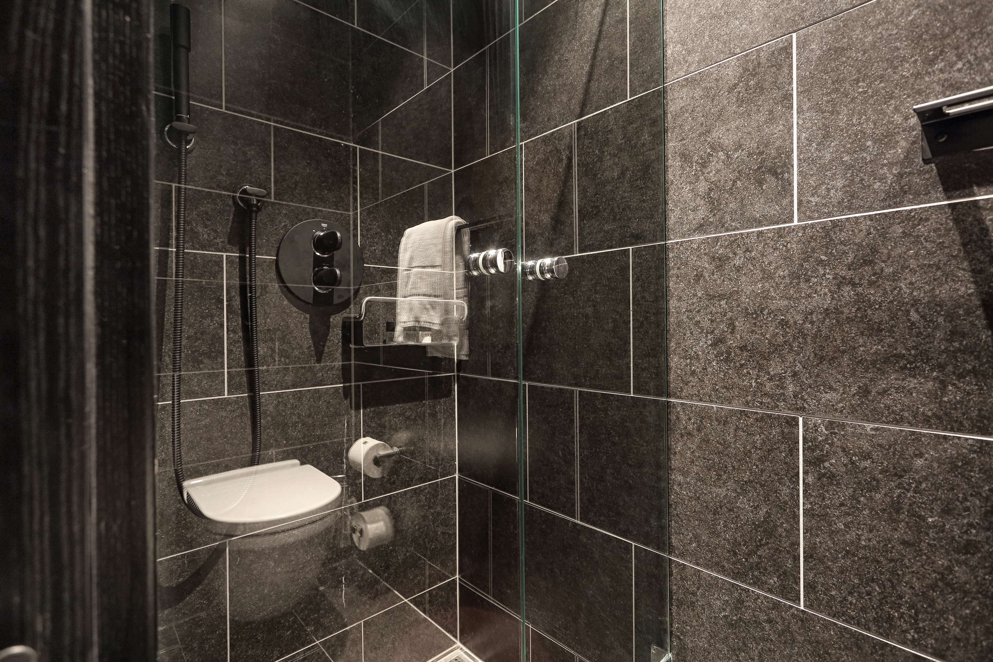 A modern bathroom with dark tiles, a glass shower enclosure, a toilet, and a towel rack.