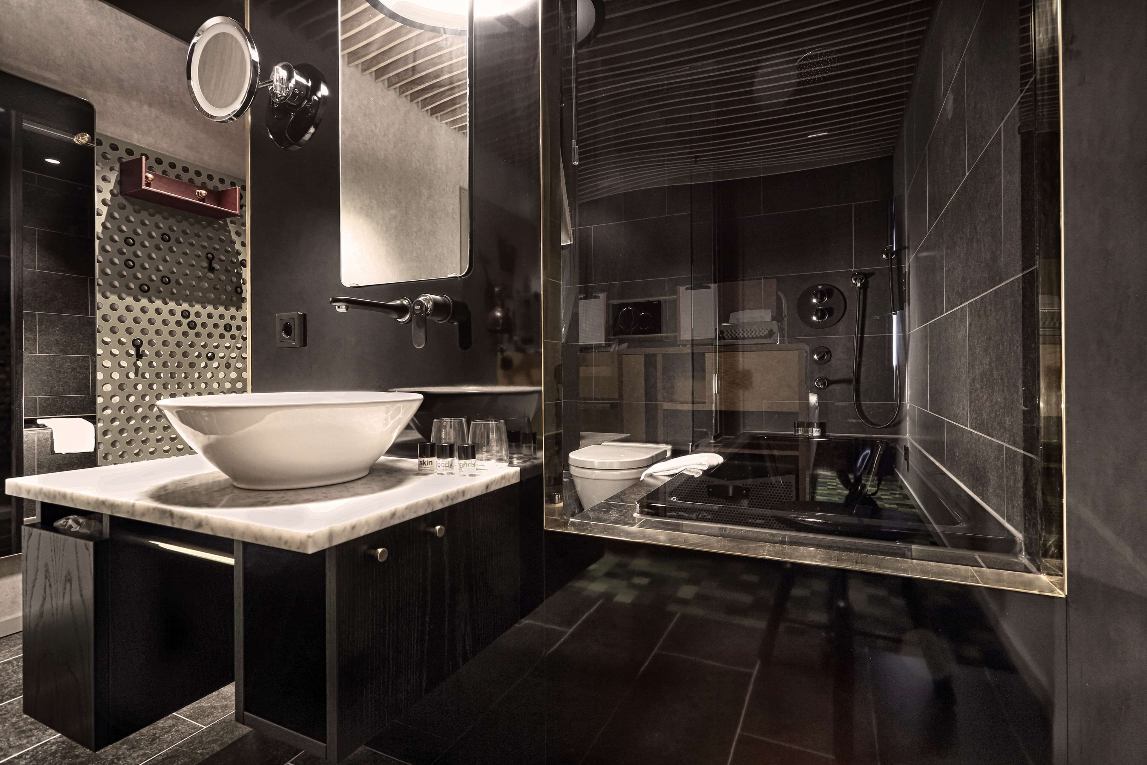 shower, rainfall showerhead, hair dryer, towels