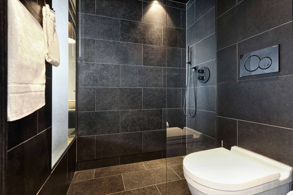 shower, rainfall showerhead, hair dryer, towels