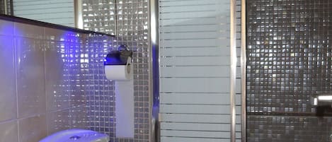 Un baño con inodoro, lavabo y zona de ducha.
