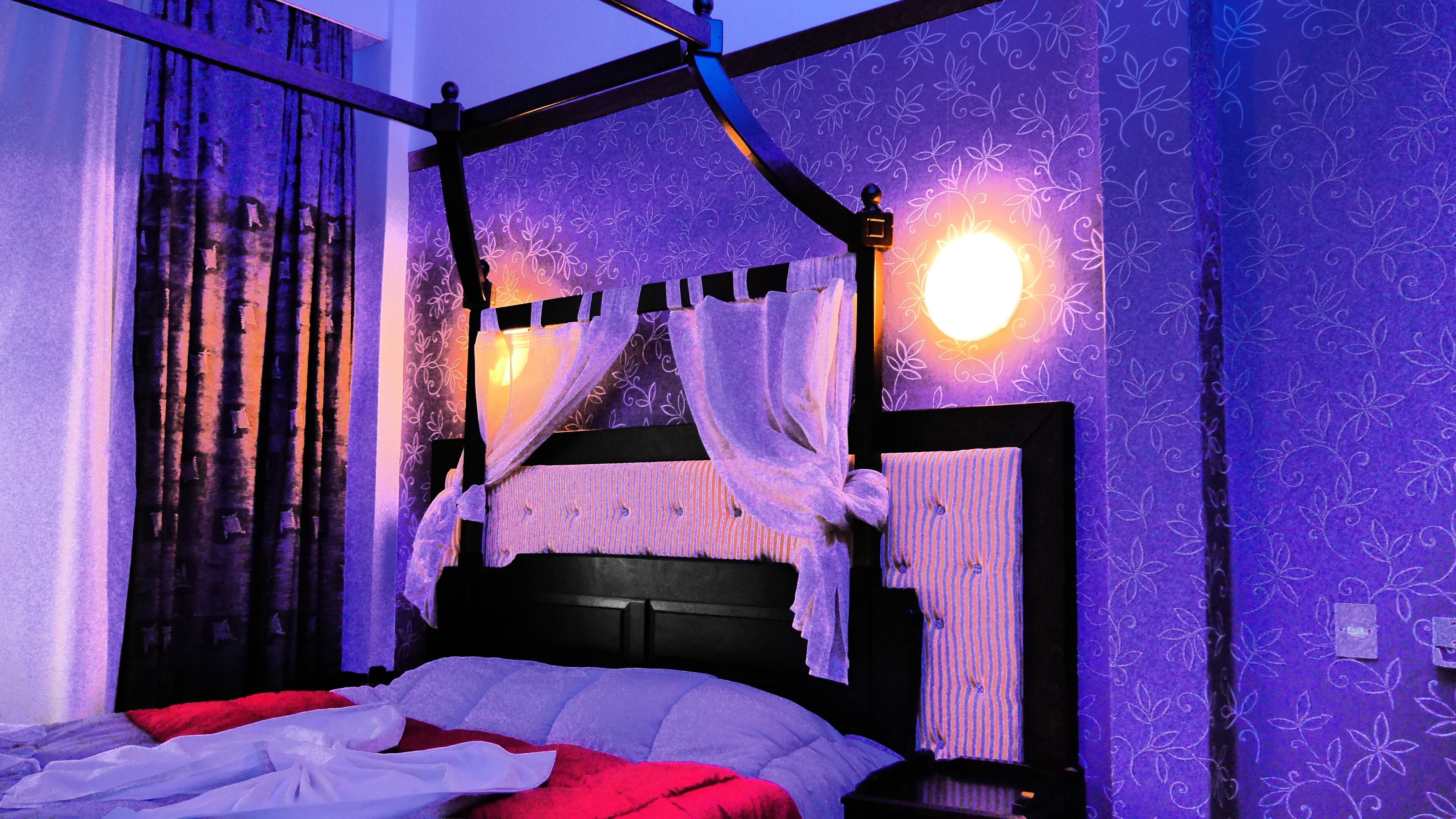Un lit à baldaquin, une table de chevet et un luminaire fixé au mur.