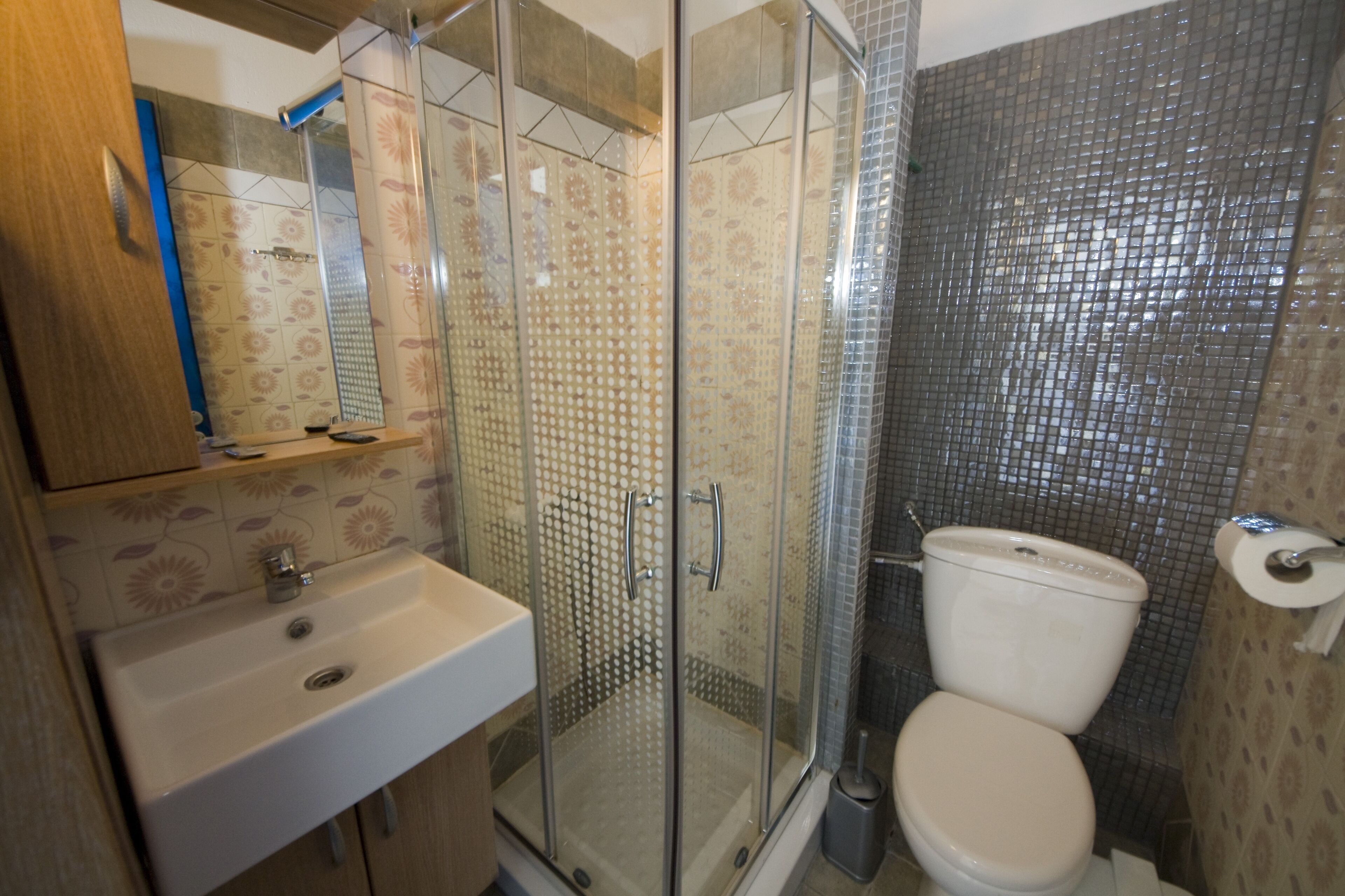 Un baño con ducha de vidrio, inodoro y lavamanos.