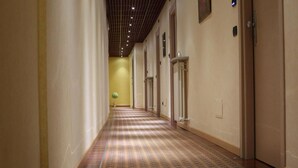 A hotel corridor with patterned carpet, doors, and a ceiling with lights. - Hotel Italia 30 (Gorgonzola)