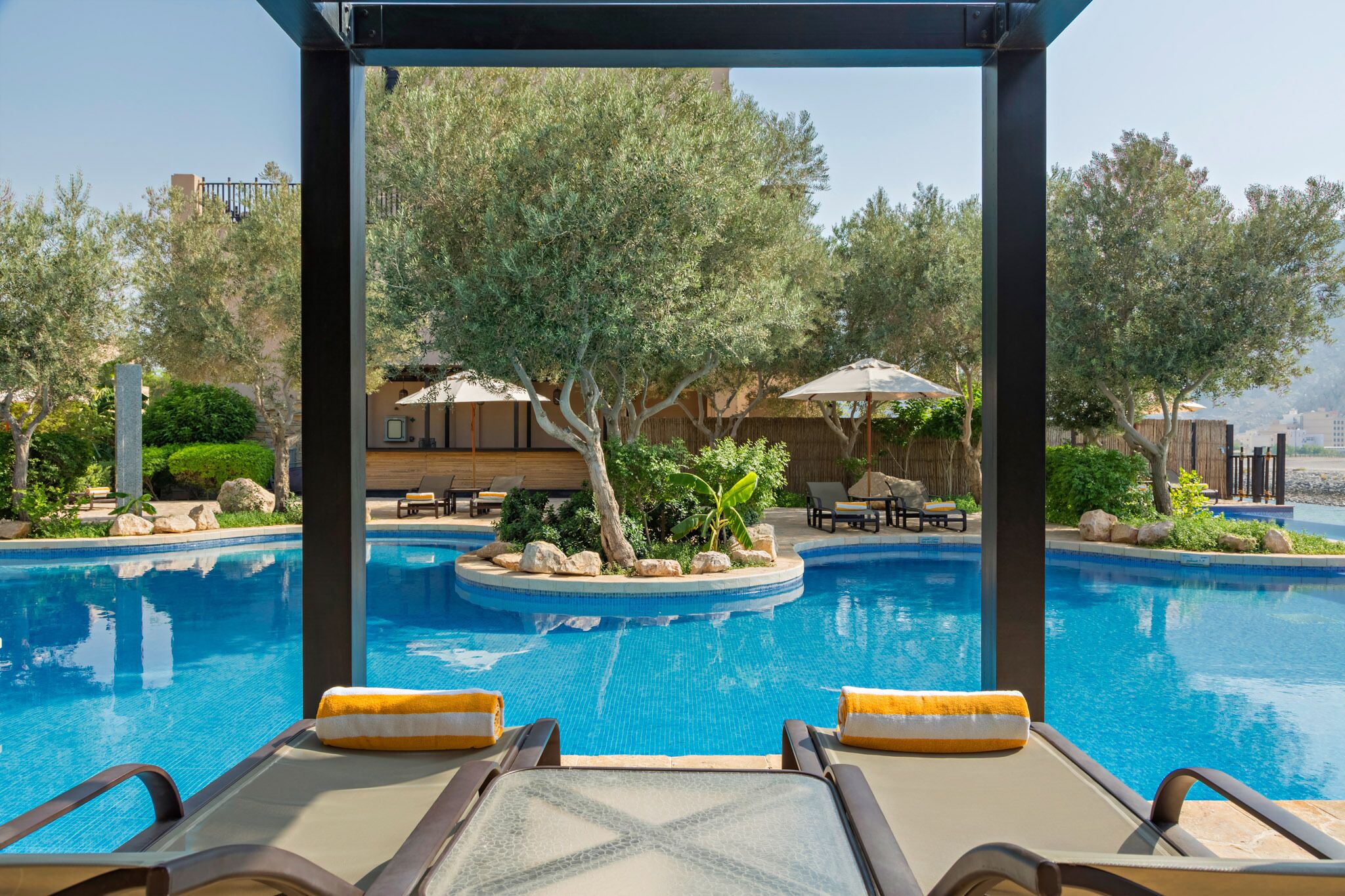 outdoor pool, pool loungers