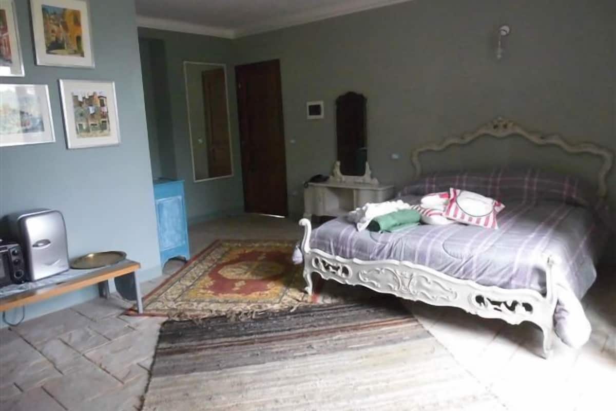 A bedroom with a bed, a desk, a chair, a wardrobe, and a mirror.