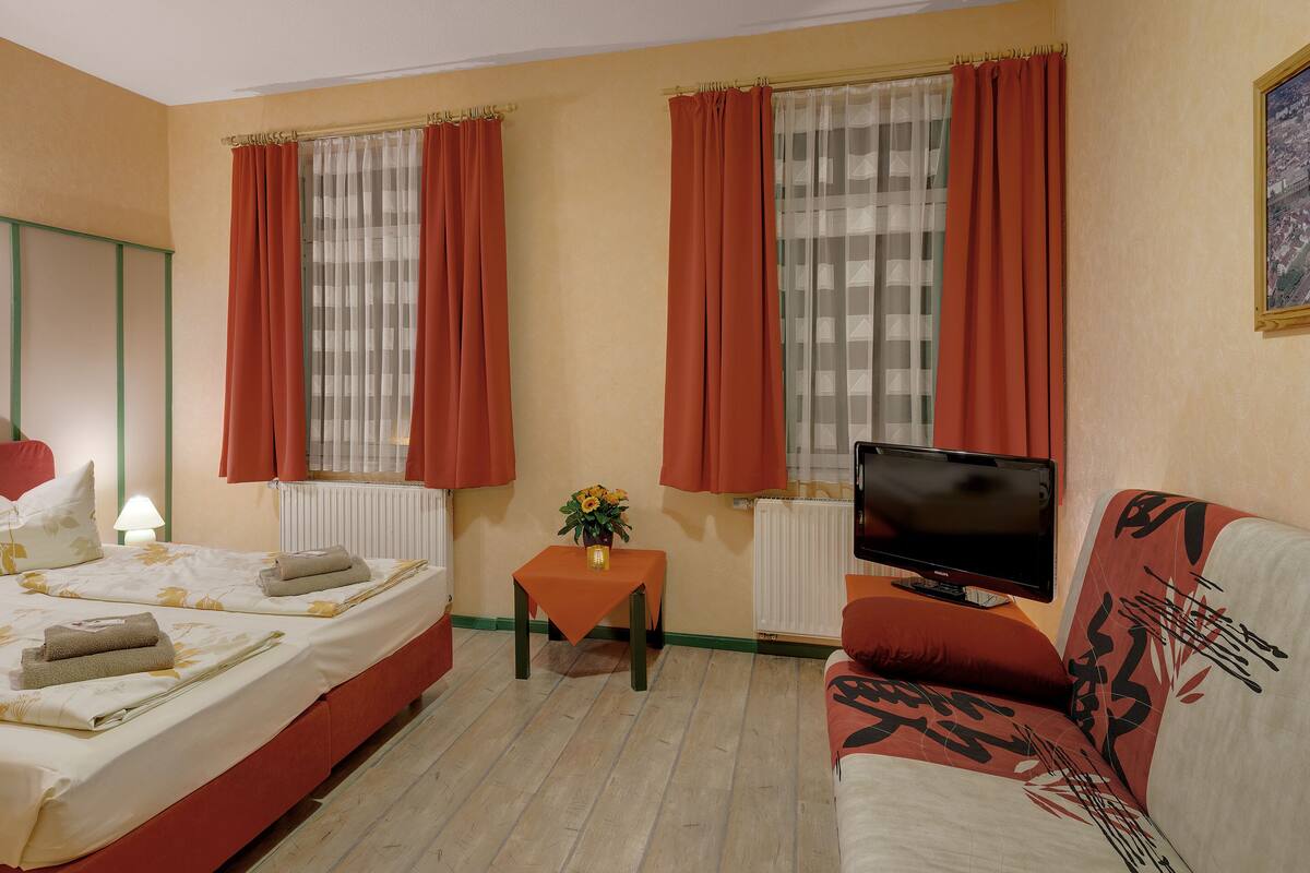 A hotel room with a bed, a TV, a small table with a plant, and a sofa.