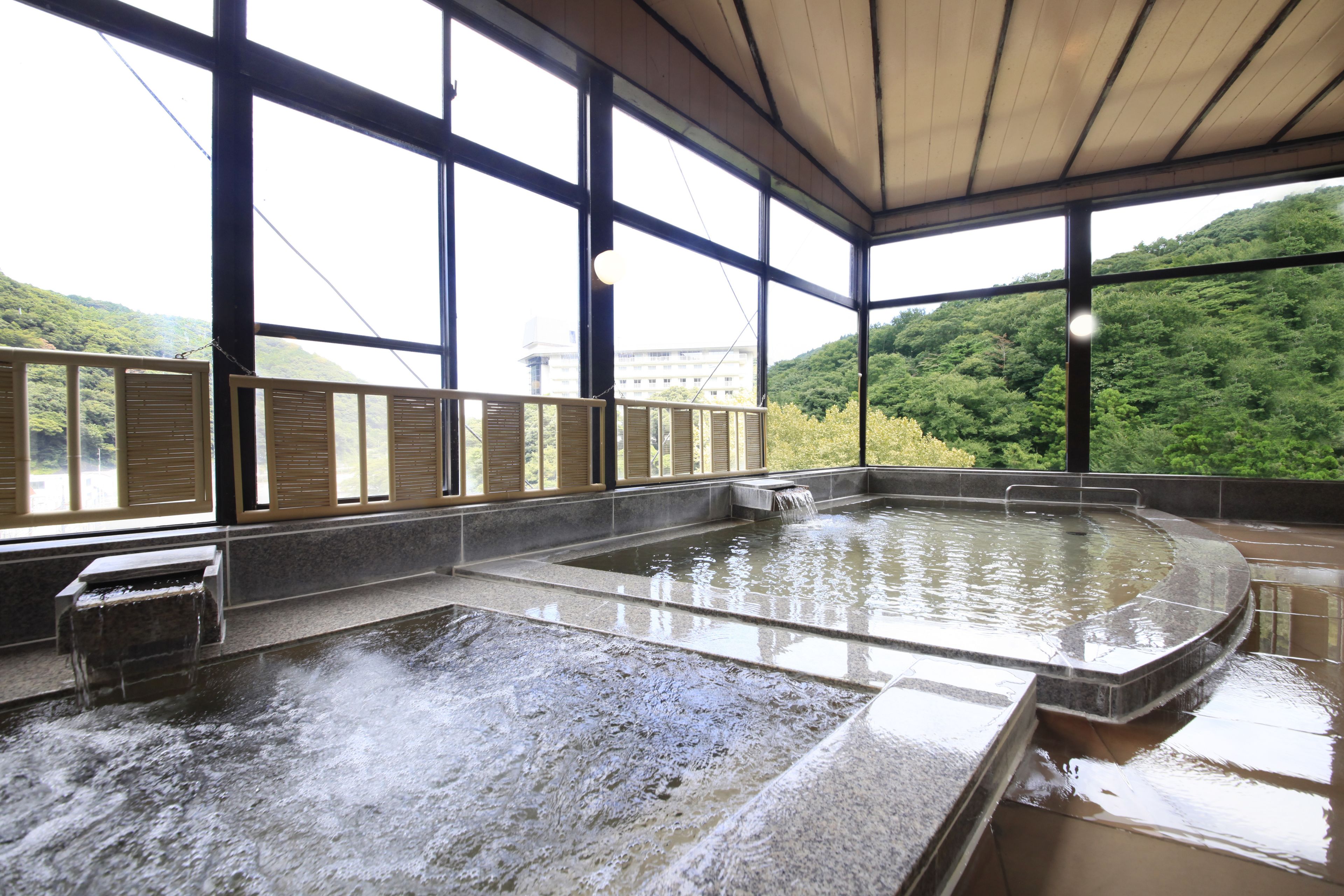A hot spring bath area with large windows and a view of a forested hill.
