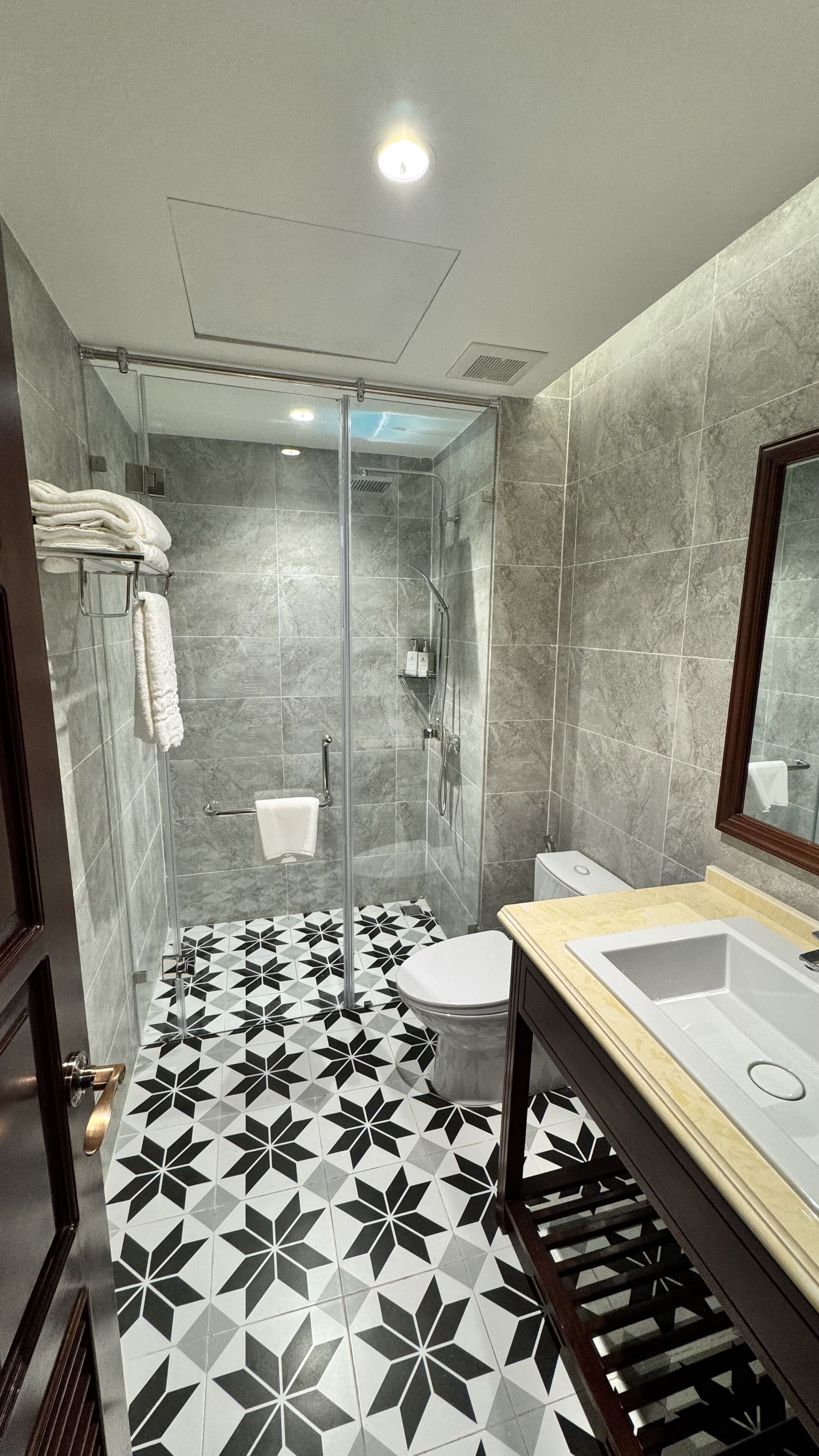 A modern bathroom with a glass-enclosed shower, a toilet, and a sink with a mirror.