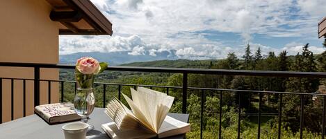 A balcony with a table set for a drink, an open book, and a vase with a flower.
