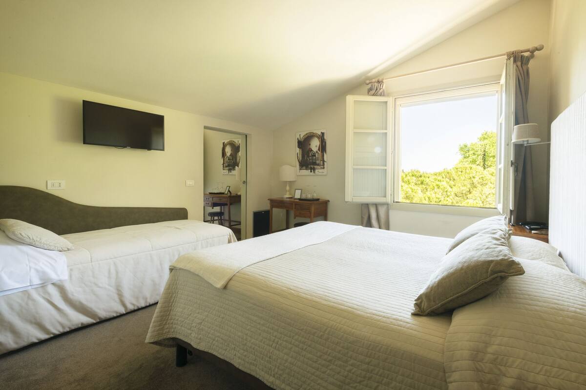 A bedroom with two beds, a TV mounted on the wall, and a window with curtains.