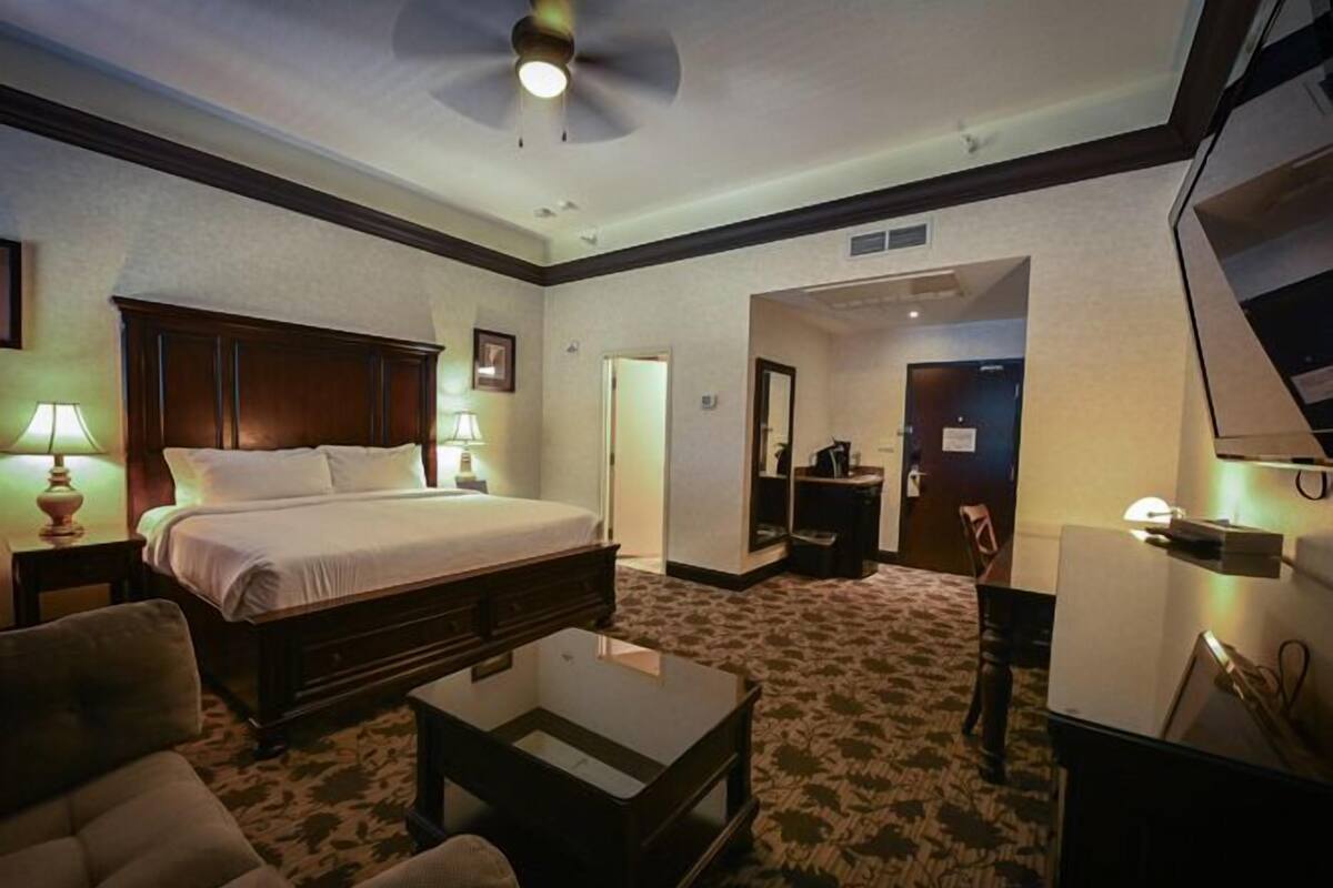 Habitación de hotel con cama, mesitas de noche, escritorio, silla, ventilador de techo y piso alfombrado.