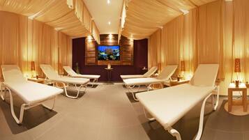 Outdoor treatment areas, sauna, spa tub, steam room, body treatments