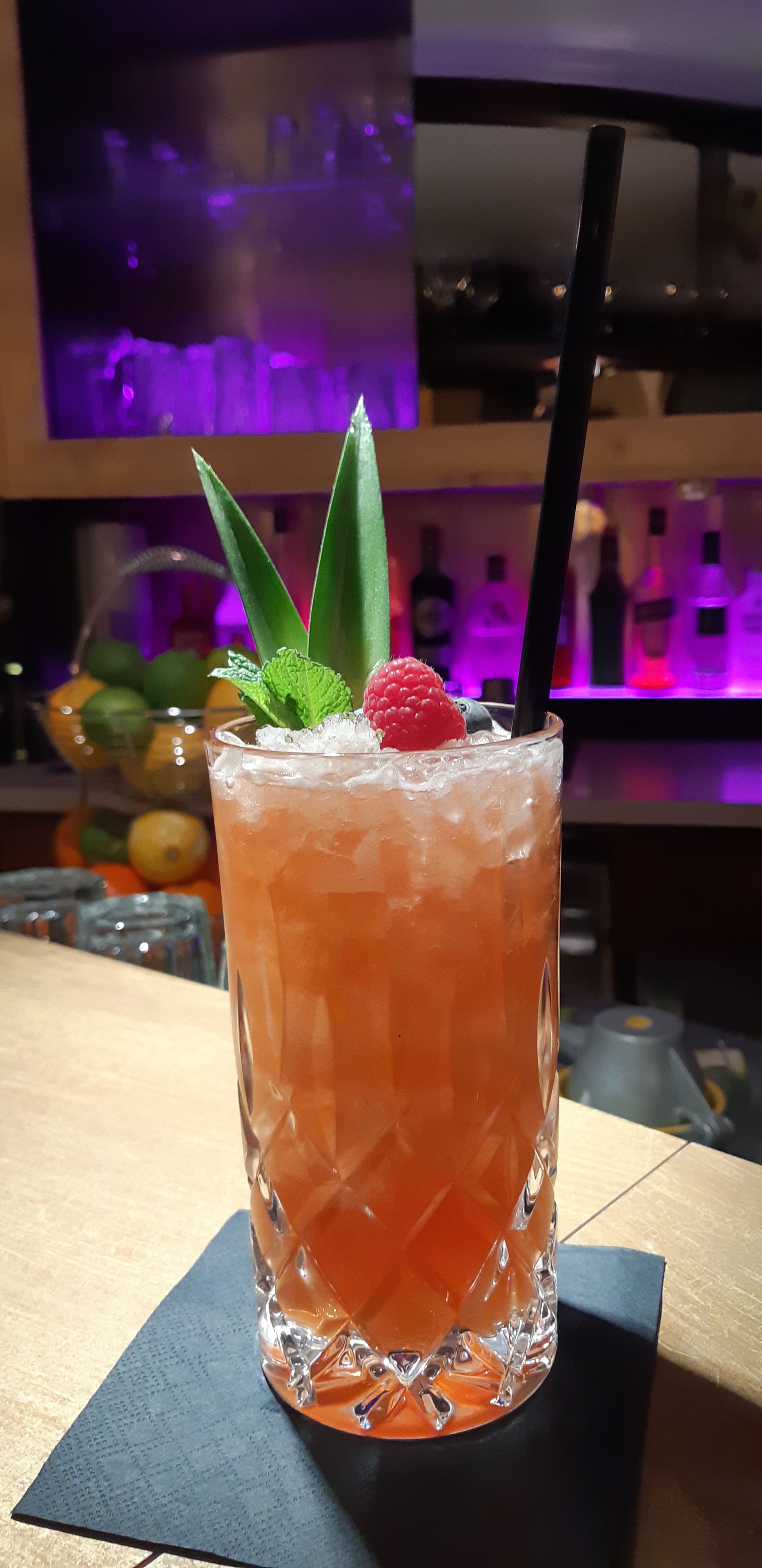 Um copo de cocktail com gelo, decorado com folhas de hortelã, um framboeso e um canudo preto, apoiado num apoio para copos preto.