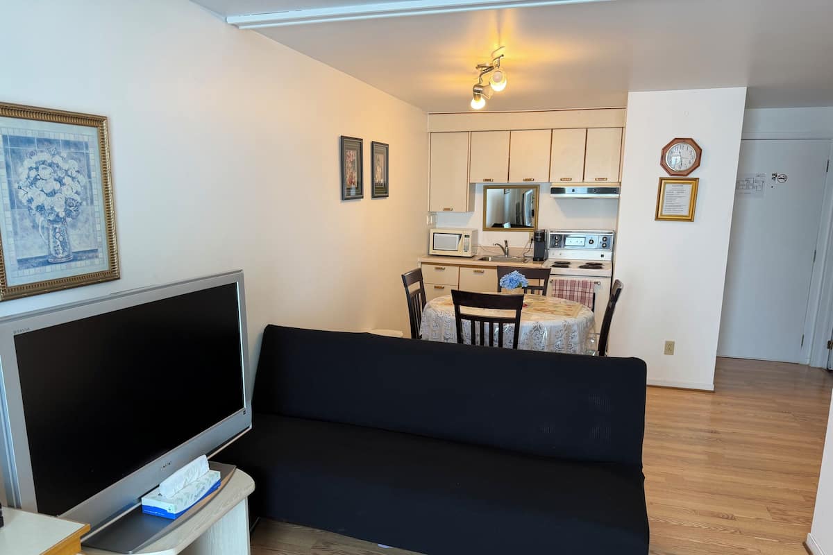 A living room with a TV, sofa, and a dining area with chairs and a table.