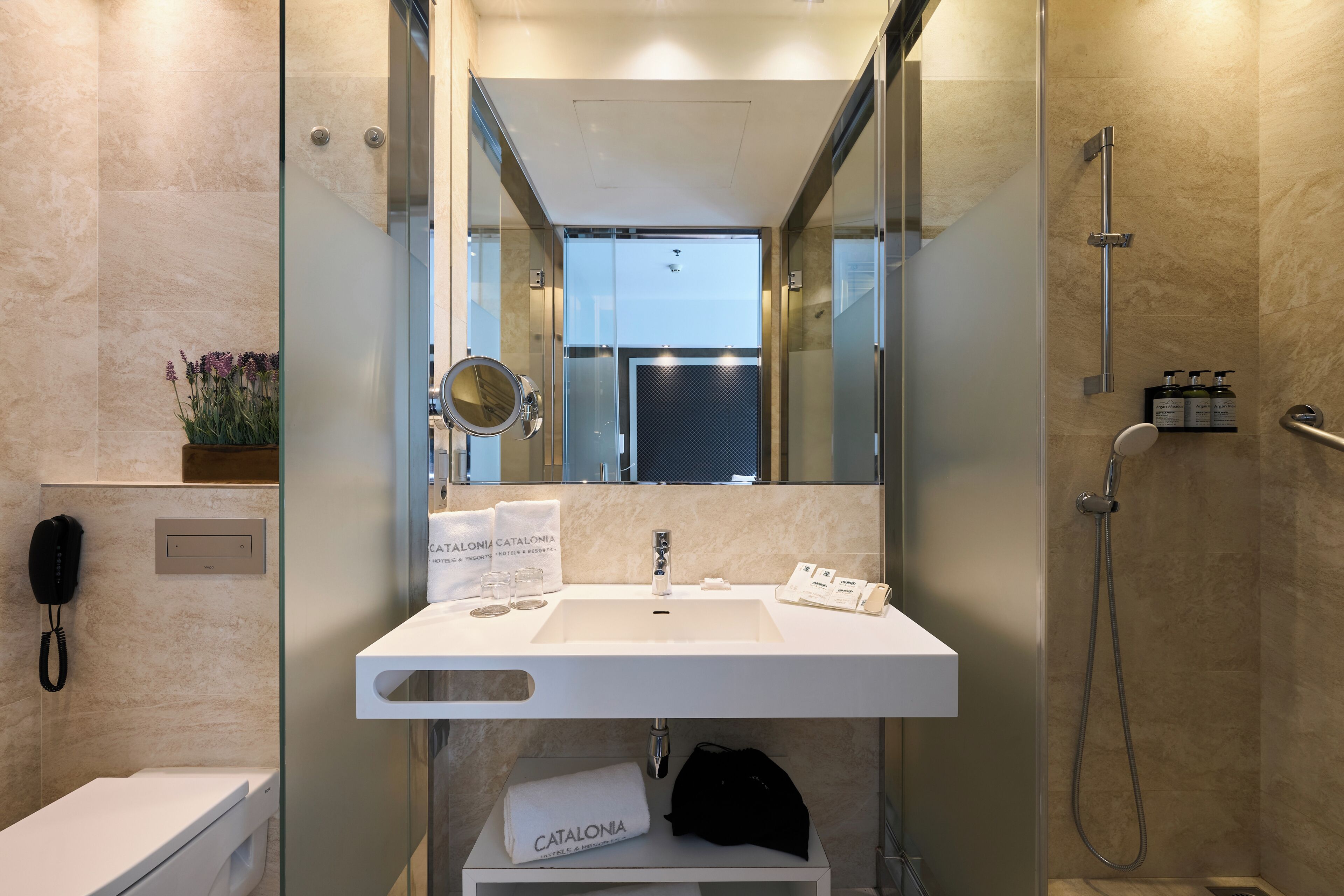 Ein modernes Badezimmer mit einer gläsernen Duschkabine, einem weißen Waschbecken und einem Spiegel darüber.