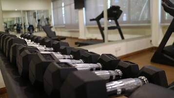 A row of black dumbbells on a bench in a gym with large windows and exercise equipment in the background.