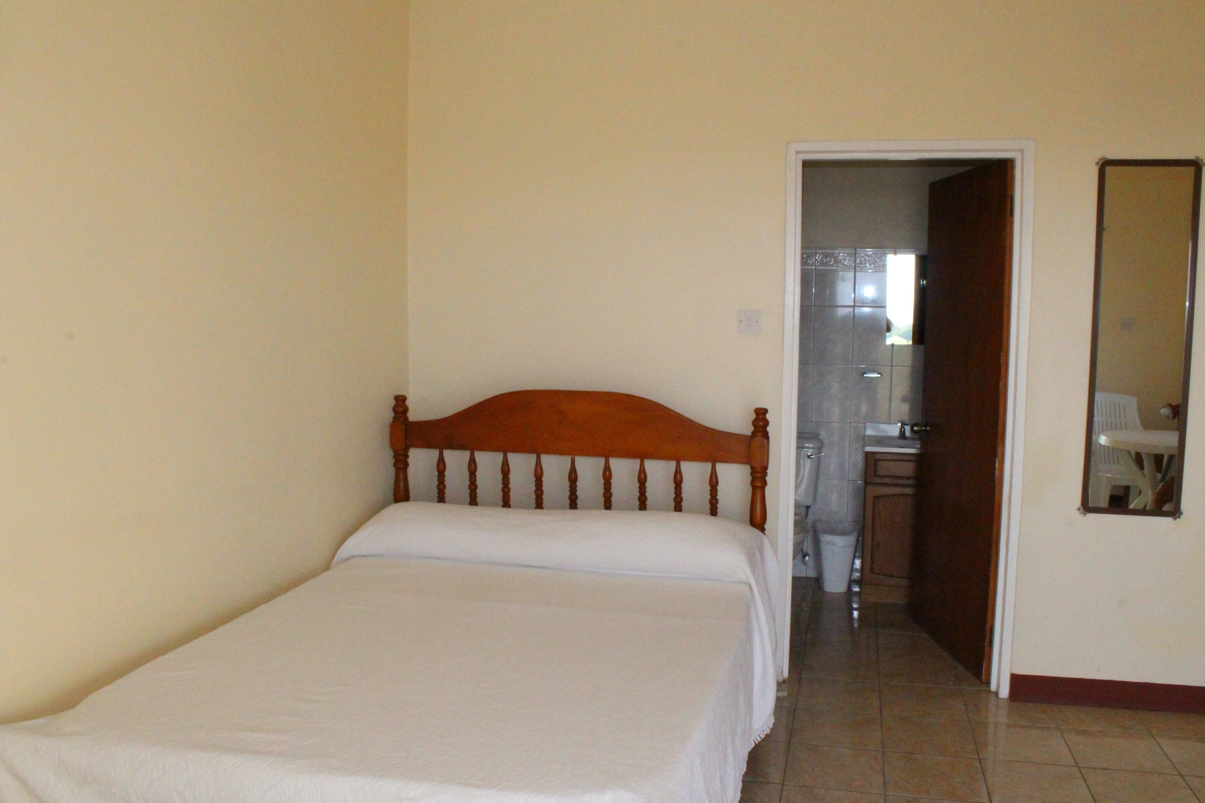 Une chambre avec un lit simple, une tête de lit en bois, une salle de bain visible à travers une porte ouverte et un miroir sur le mur.