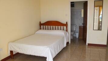 A bedroom with a single bed, a bathroom with a toilet and sink, and a mirror on the wall.