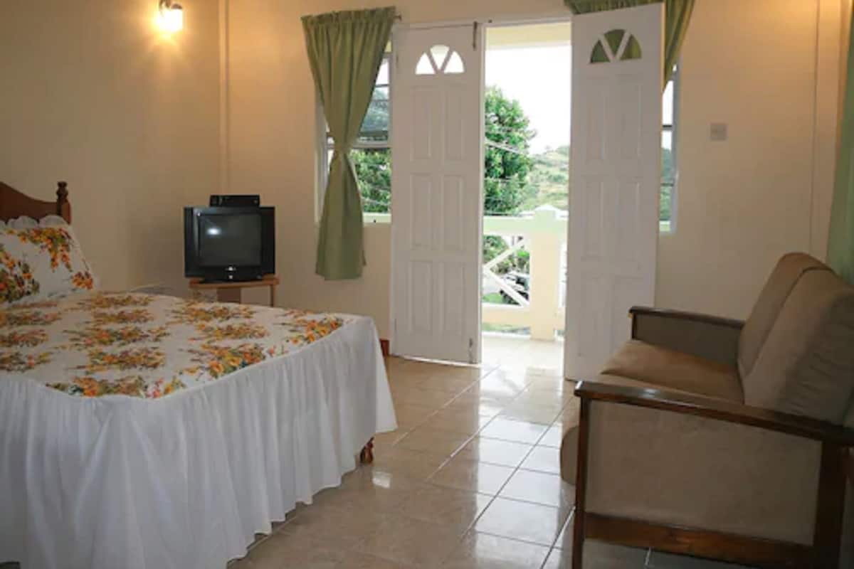 A bedroom with a bed, a television on a nightstand, a chair, and a door leading to an outdoor area.