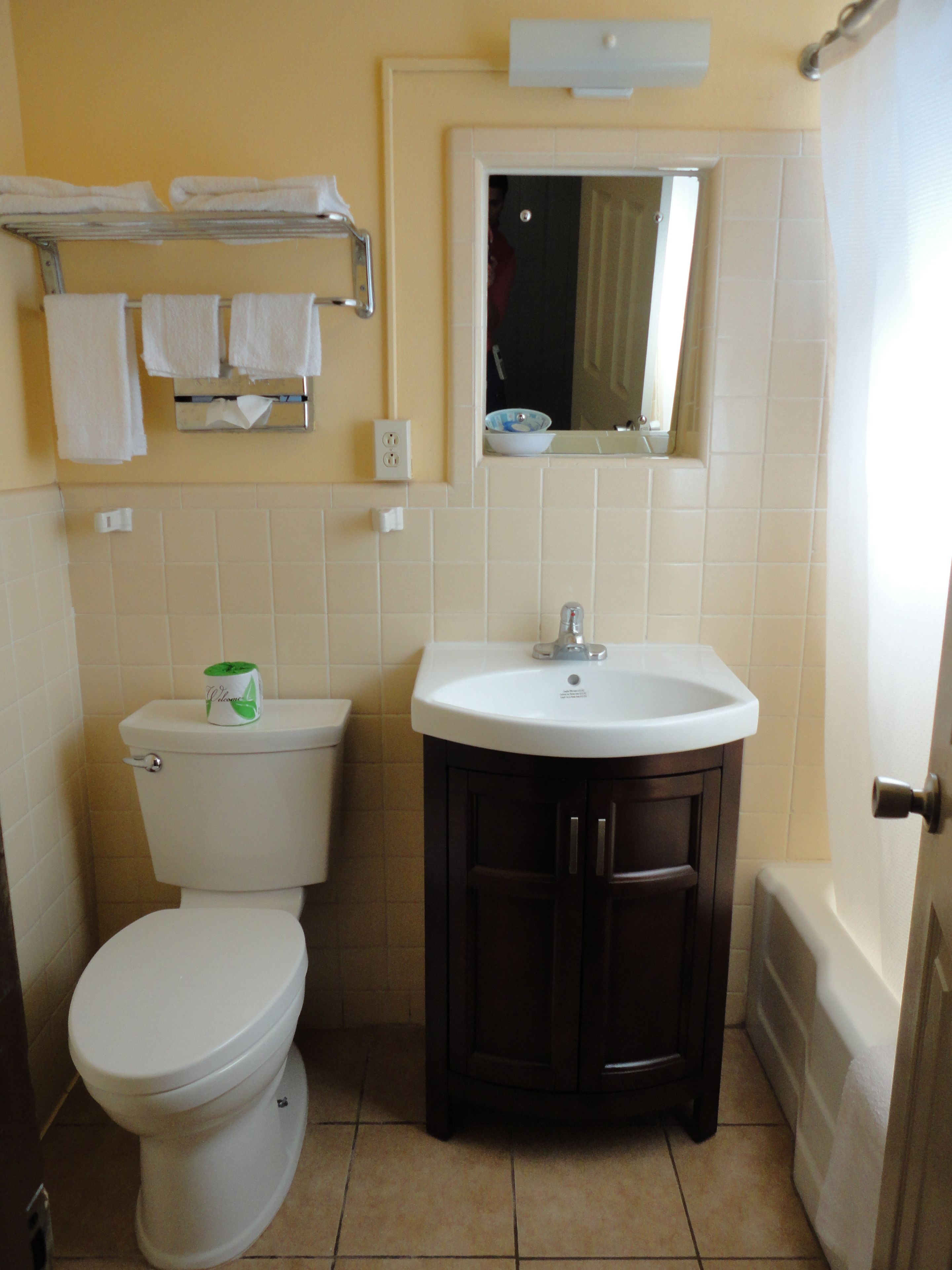 A bathroom with a toilet, sink, and mirror.
