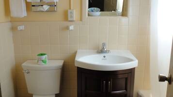 A bathroom with a toilet, sink, and mirror.