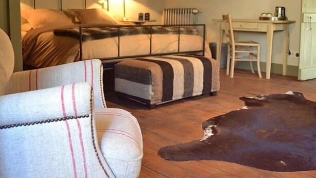 A cozy bedroom with a bed, a chair, a desk, and a large rug. - Le Petit Chou (Entraygues-sur-Truyere)