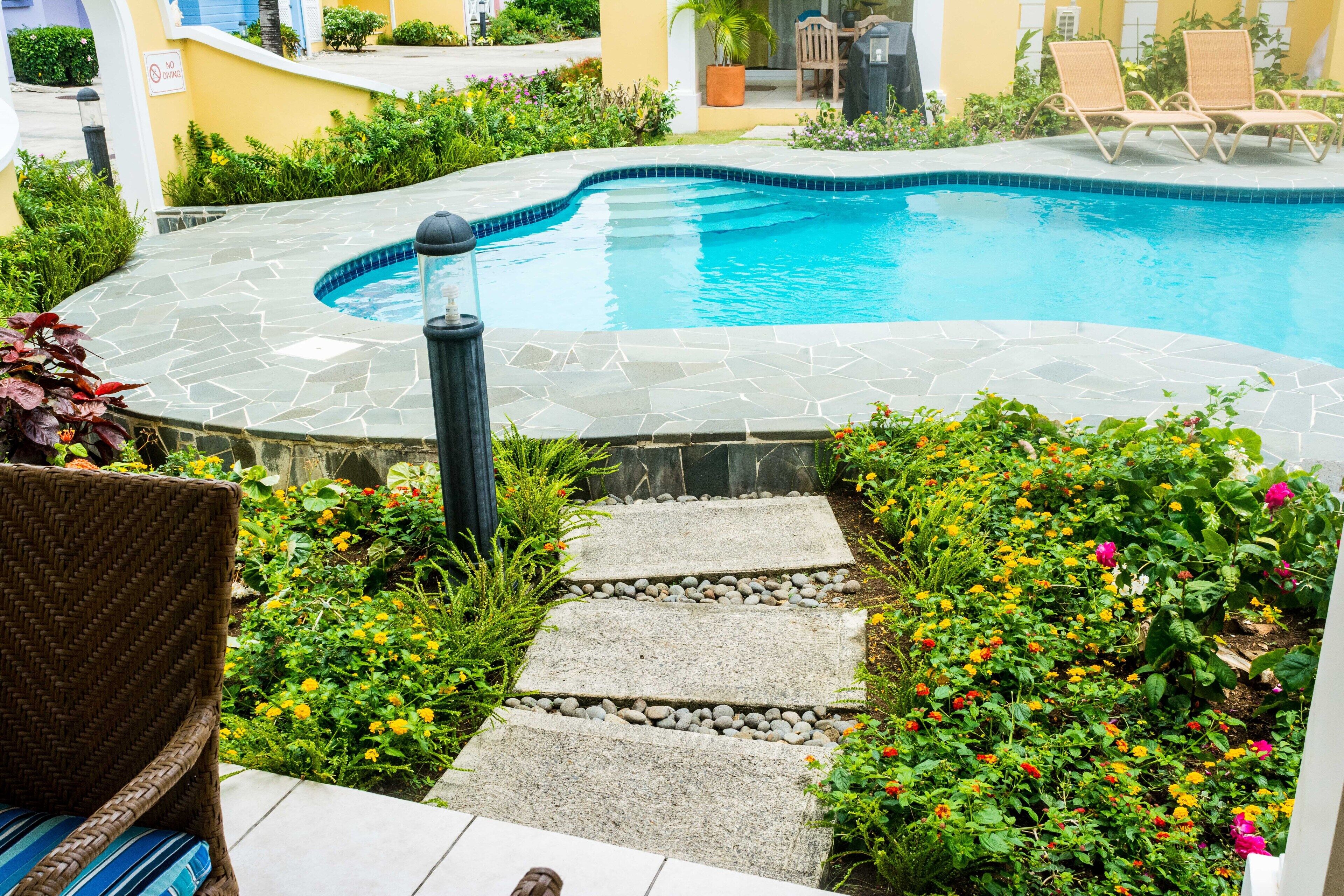 A swimming pool with a stone edge, surrounded by a garden with various plants and flowers. There are lounge chairs and a table in the background.